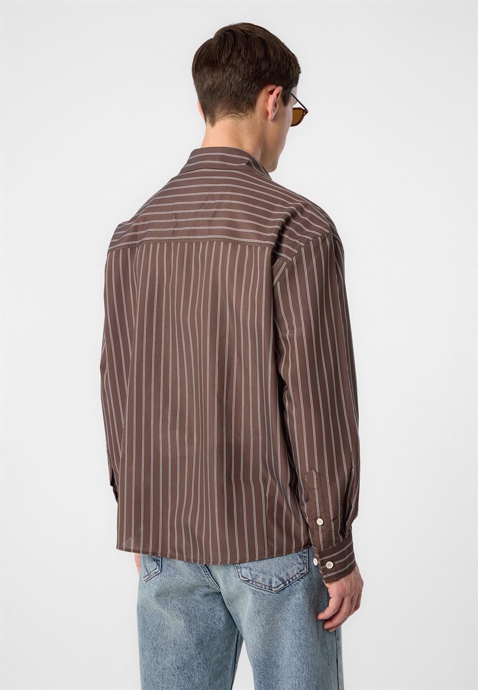Antioch Kahve Relax Fit Çizgili Erkek Gömlek
