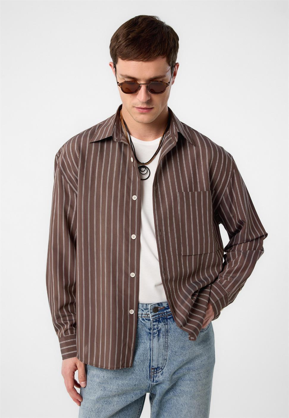 Antioch Kahve Relax Fit Çizgili Erkek Gömlek