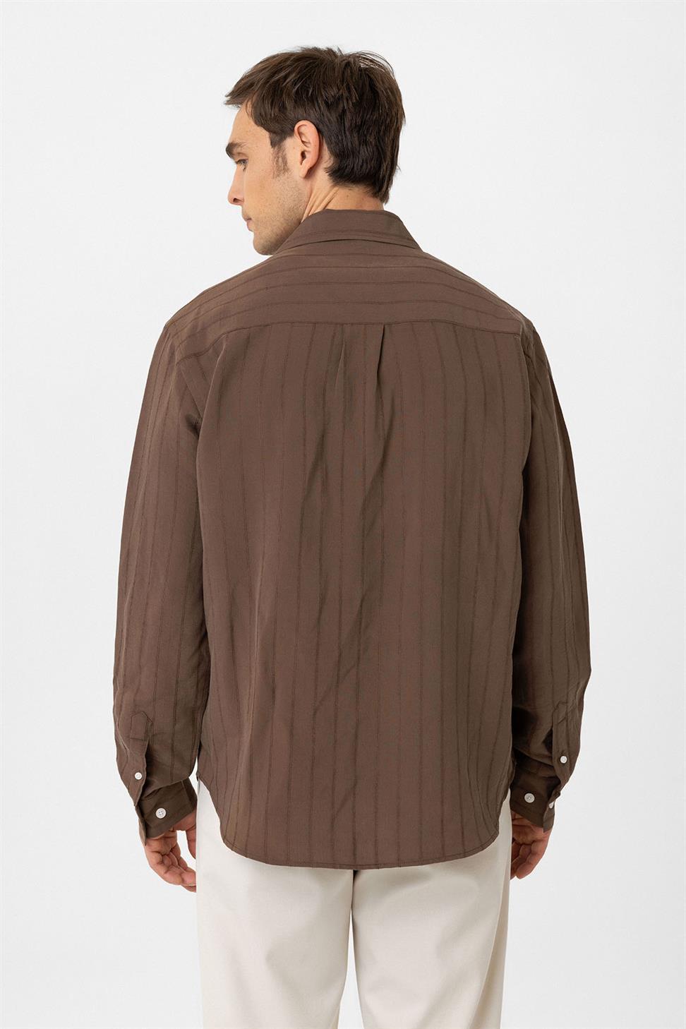 Antioch Kahve Relax Fit Çizgili Erkek Gömlek