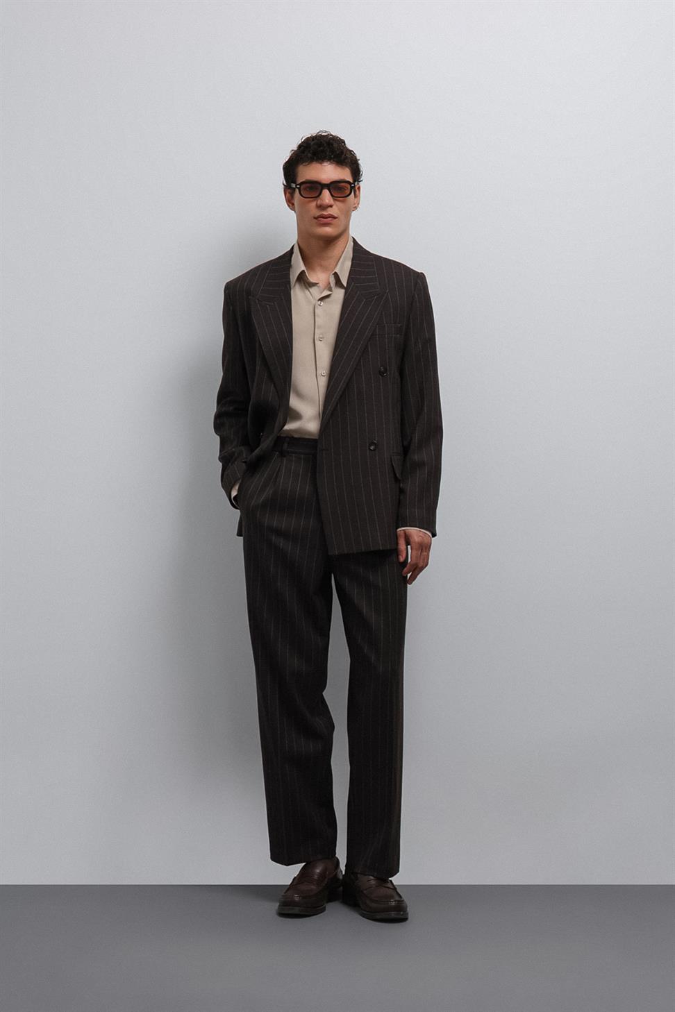 Antioch Kahve Relax Fit Çizgili Erkek Pantolon