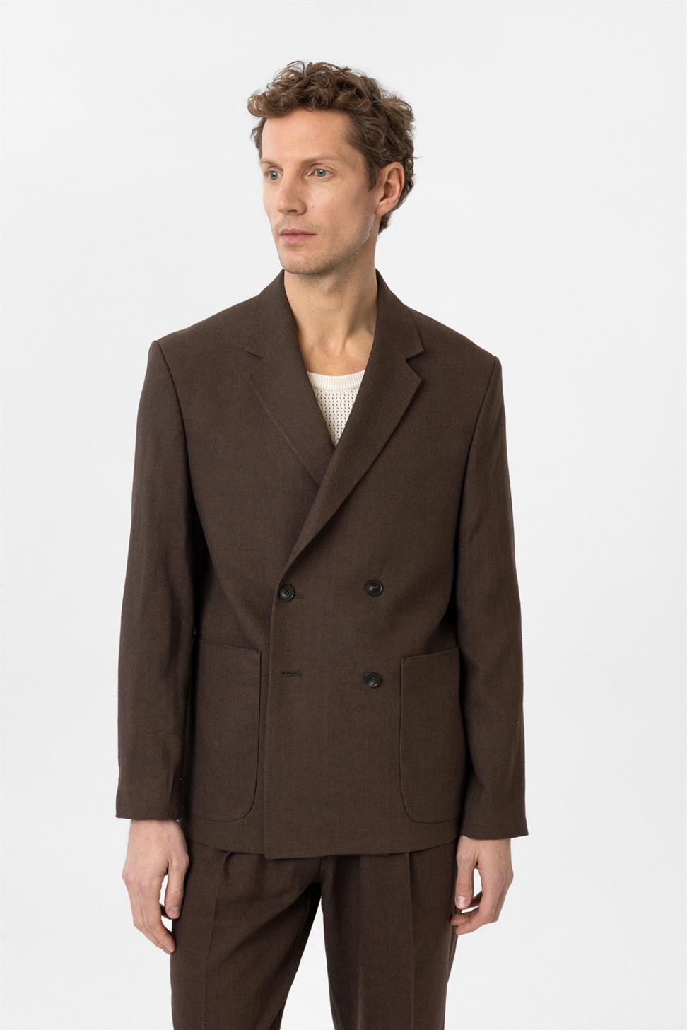 Antioch Kahve Relax Fit Keten Karışımlı Erkek Blazer Ceket