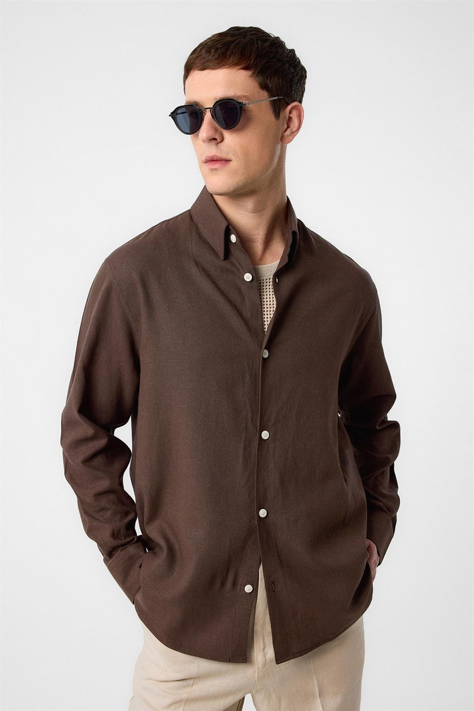 Antioch Kahve Relax Fit Keten Karışımlı Erkek Gömlek