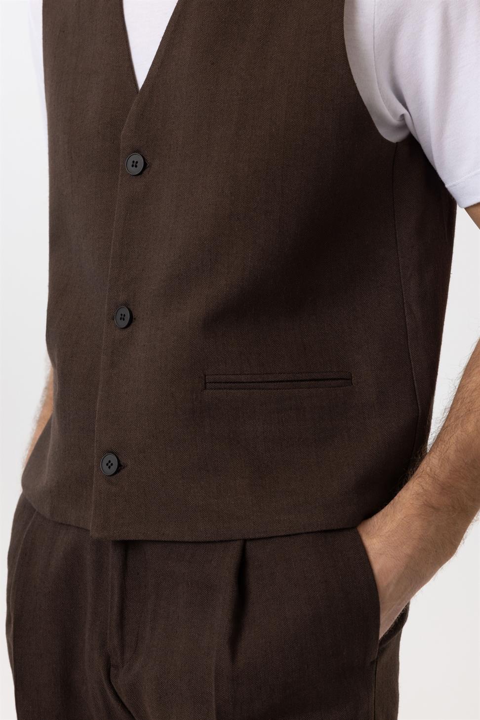 Antioch Kahve Relax Fit Keten Karışımlı Erkek Yelek