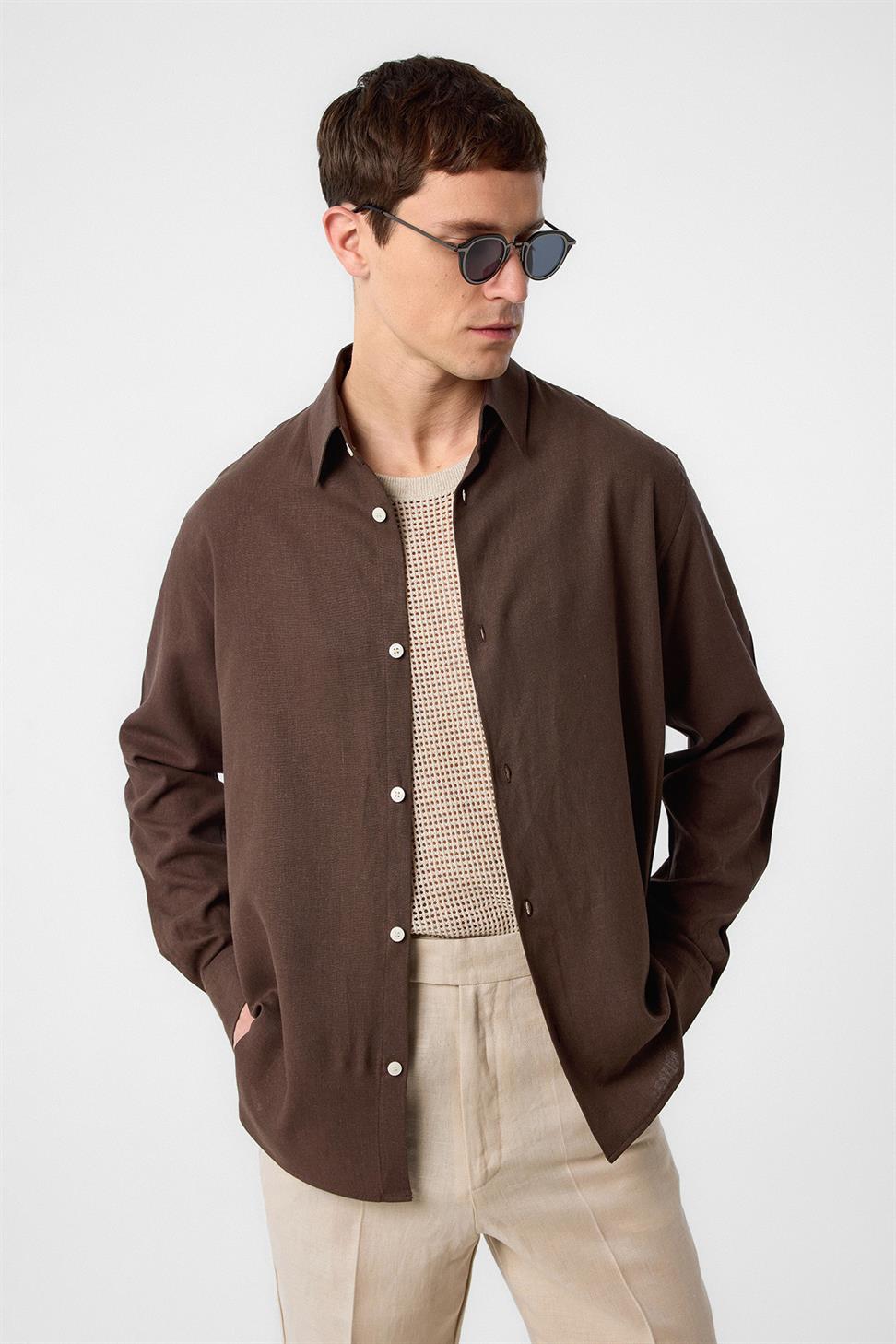 Antioch Kahve Relax Fit Keten Karışımlı Erkek Gömlek