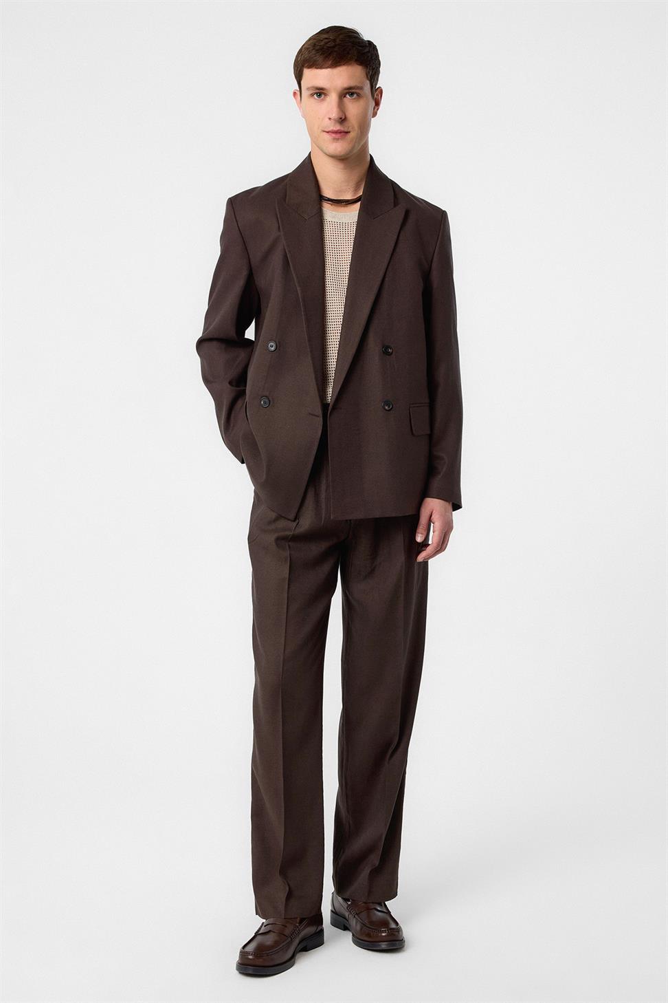 Antioch Kahve Relax Fit Keten Karışımlı Erkek Blazer Ceket