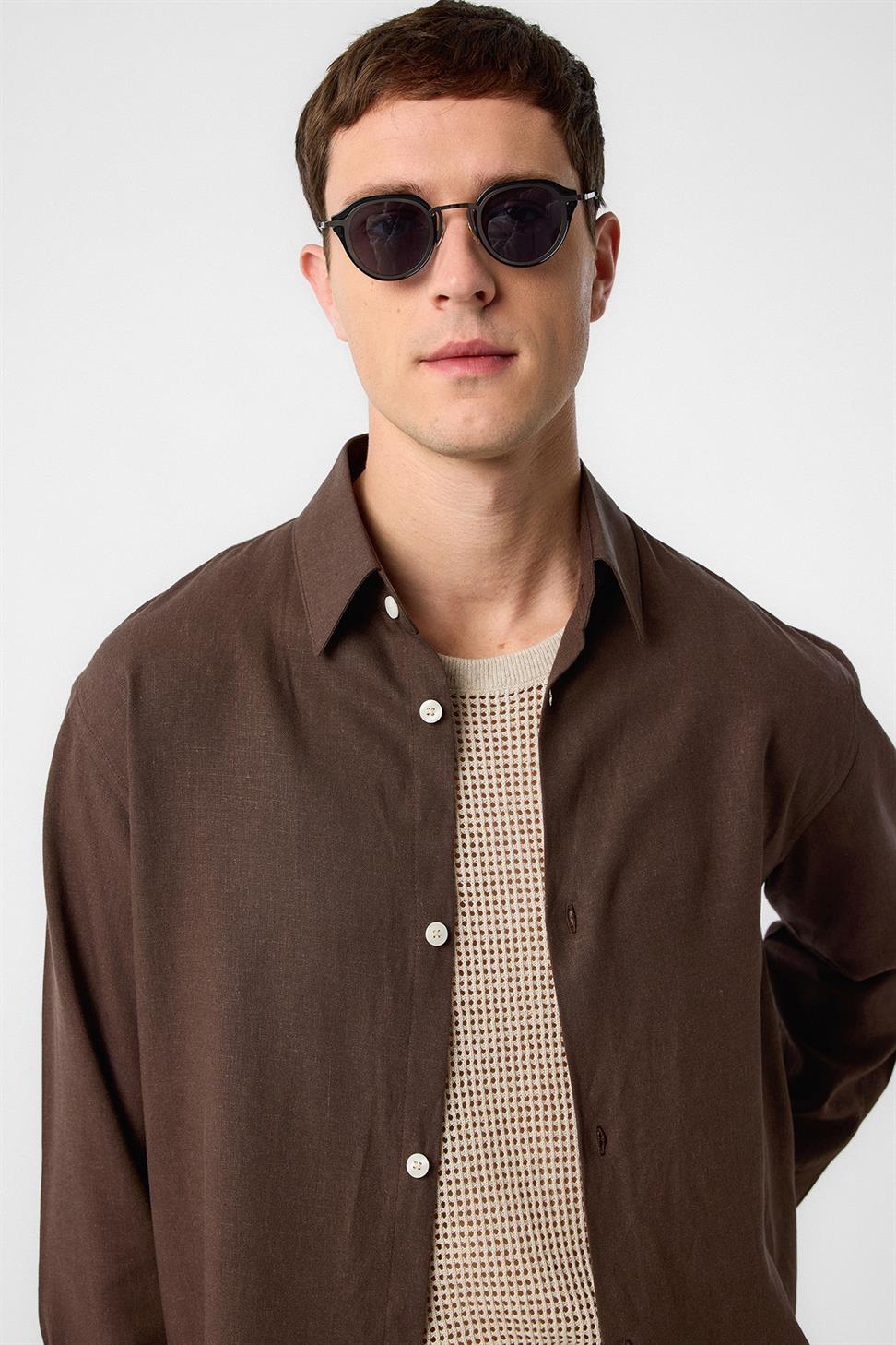 Antioch Kahve Relax Fit Keten Karışımlı Erkek Gömlek