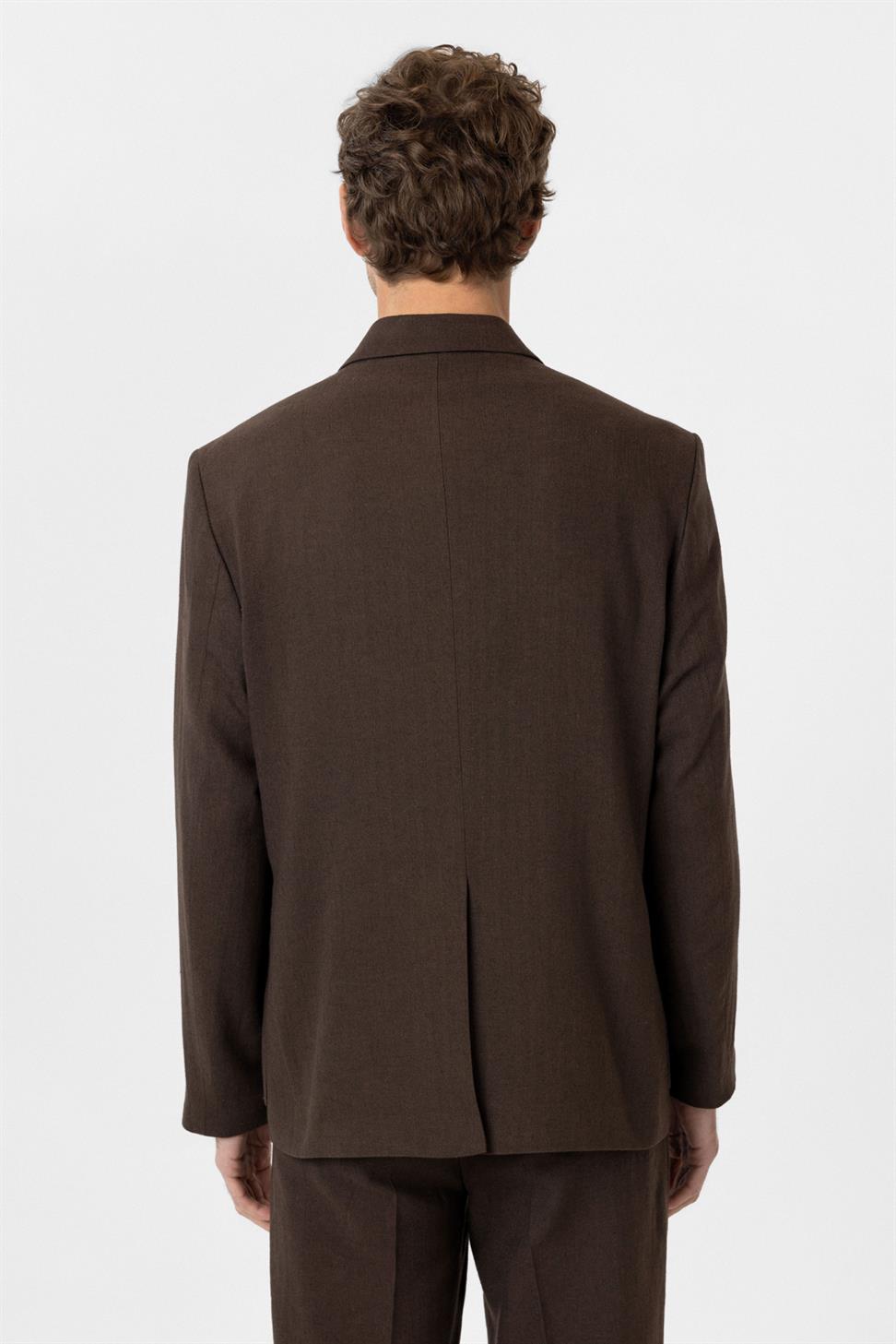 Antioch Kahve Relax Fit Keten Karışımlı Erkek Blazer Ceket