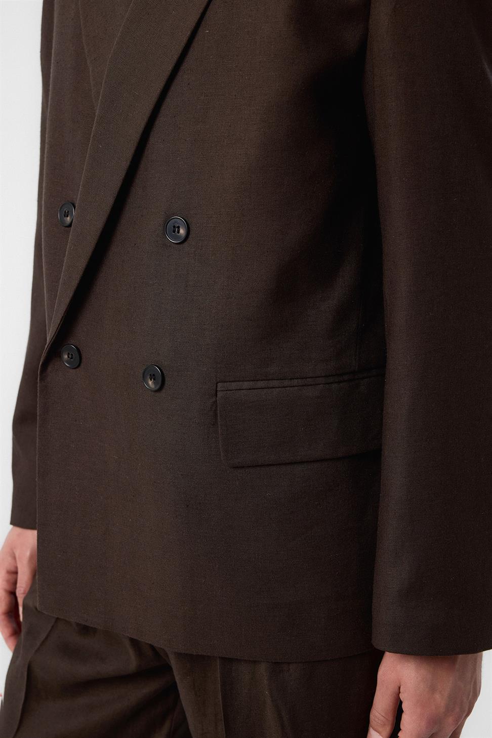 Antioch Kahve Relax Fit Keten Karışımlı Erkek Blazer Ceket