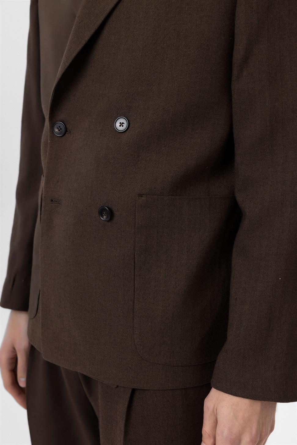 Antioch Kahve Relax Fit Keten Karışımlı Erkek Blazer Ceket