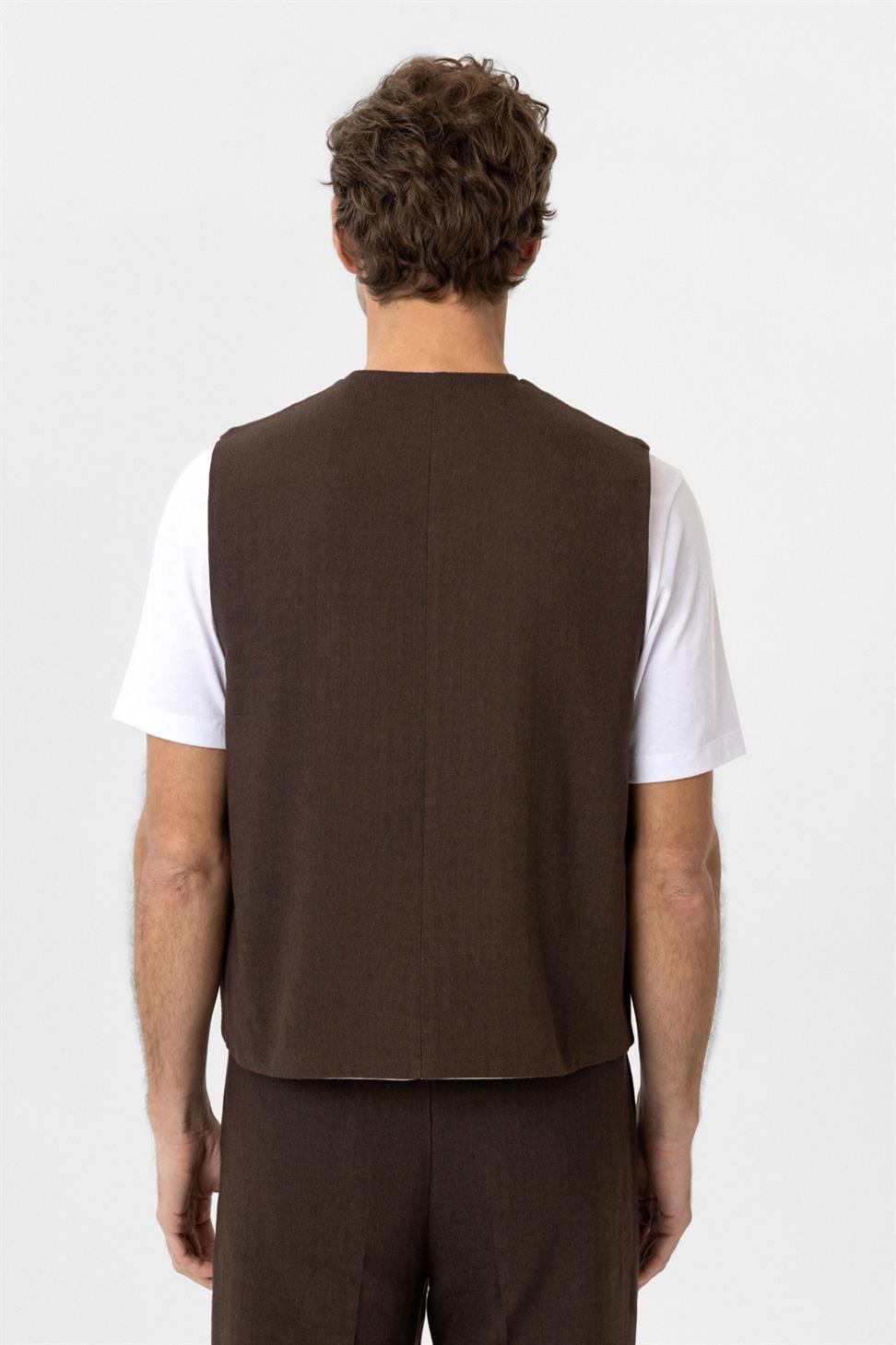 Antioch Kahve Relax Fit Keten Karışımlı Erkek Yelek