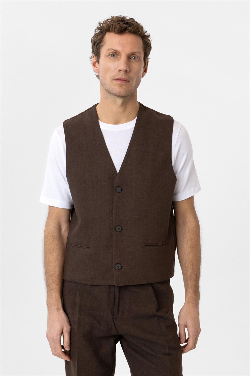 Antioch Kahve Relax Fit Keten Karışımlı Erkek Yelek