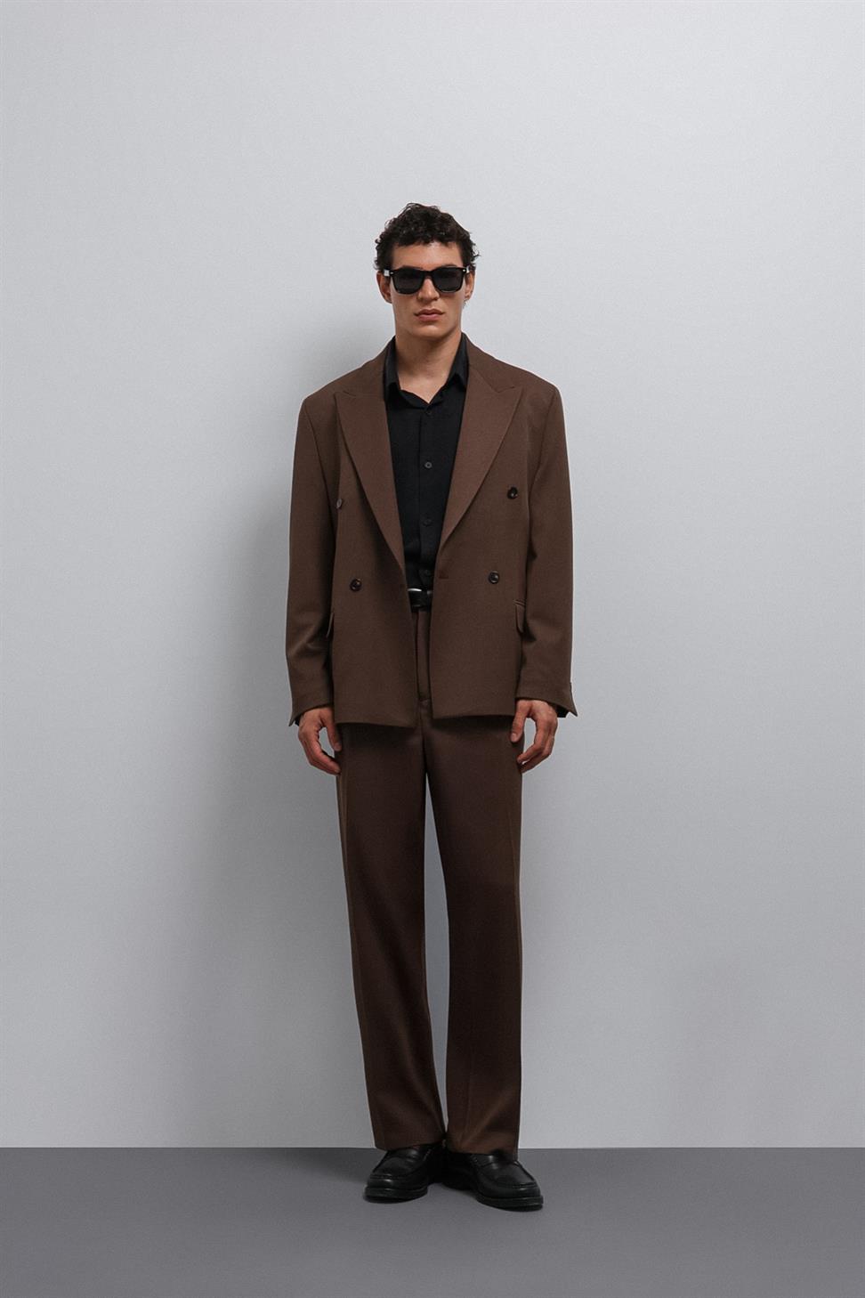 Antioch Kahve Relax Fit Kruvaze Erkek Blazer Ceket