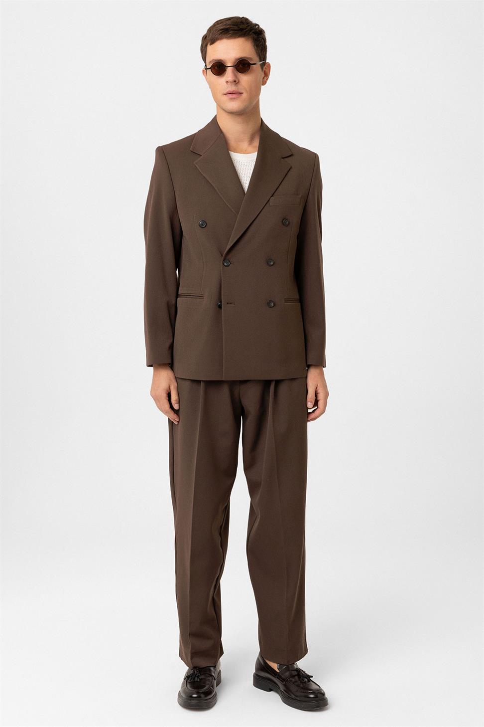 Antioch Kahve Relax Fit Kruvaze Erkek Blazer Ceket