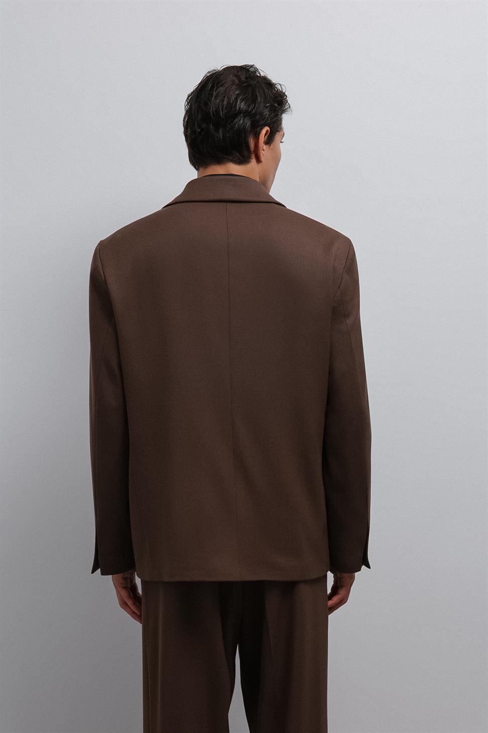 Antioch Kahve Relax Fit Kruvaze Erkek Blazer Ceket