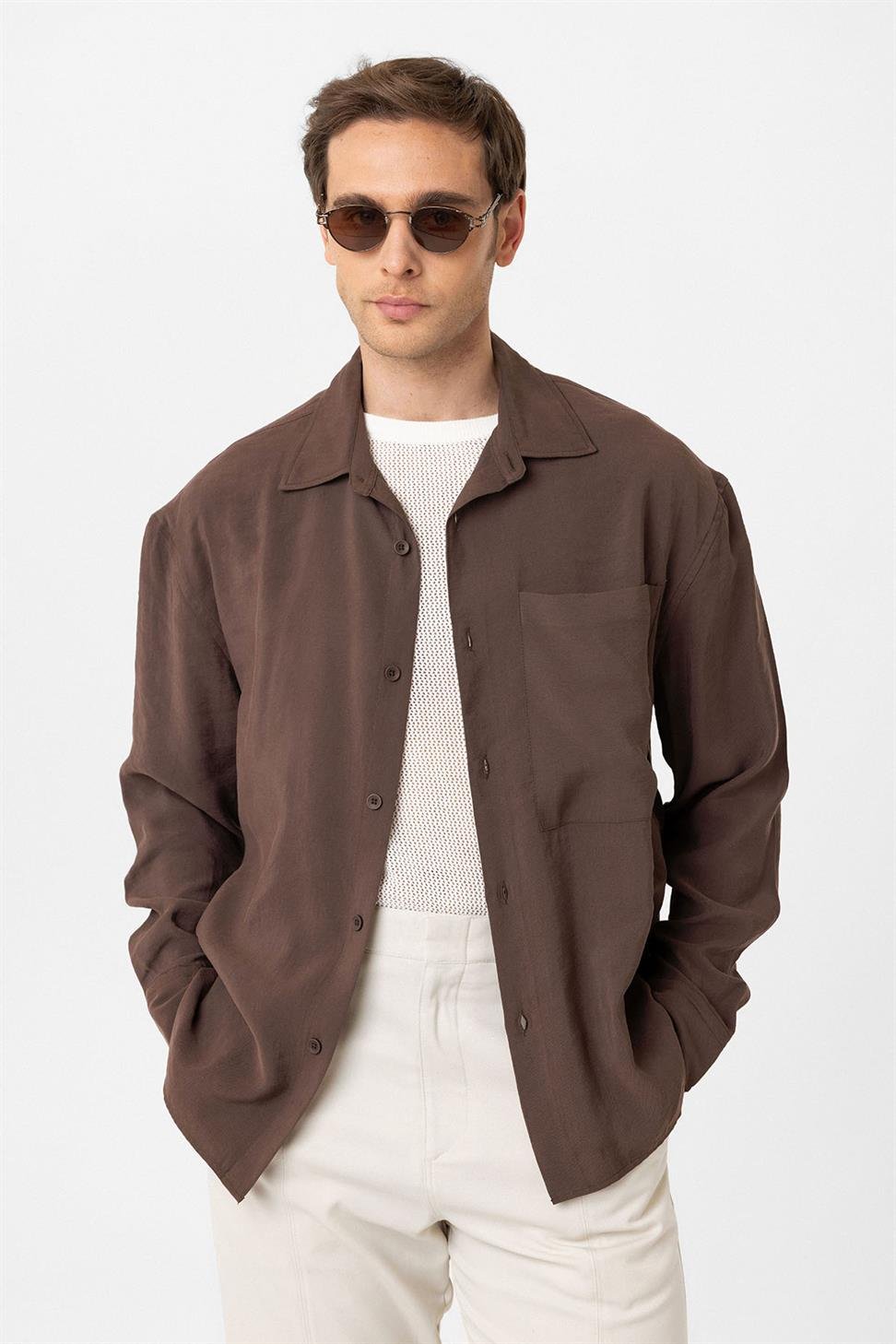 Antioch Kahve Relax Fit Modal Kumaş Erkek Gömlek