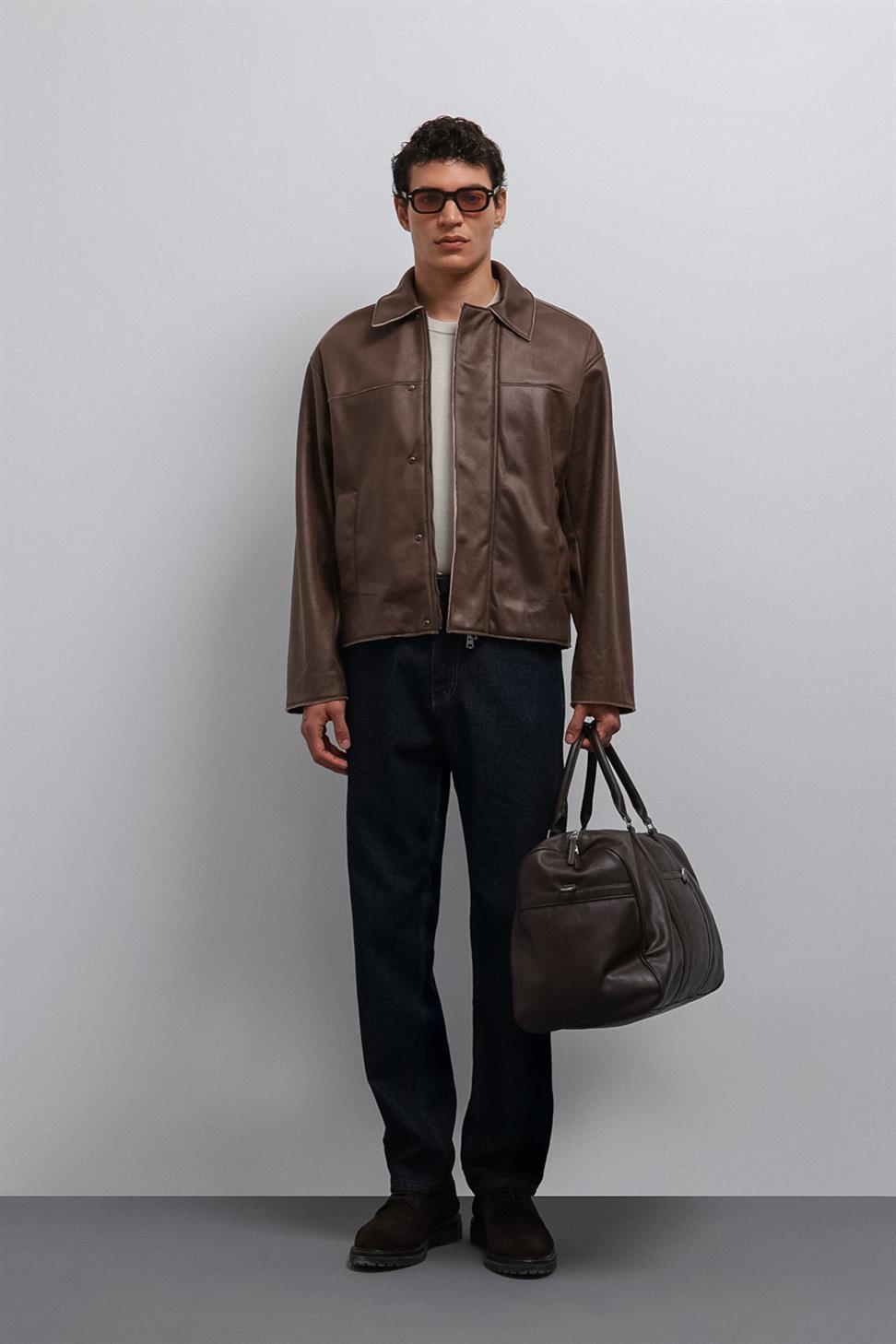 Antioch Kahve Relax Fit Suni Deri Erkek Mont