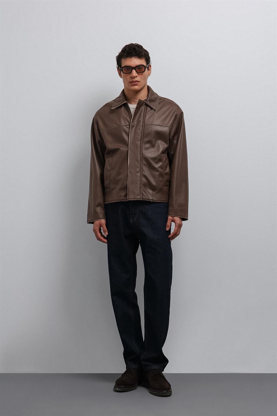 Antioch Kahve Relax Fit Suni Deri Erkek Mont