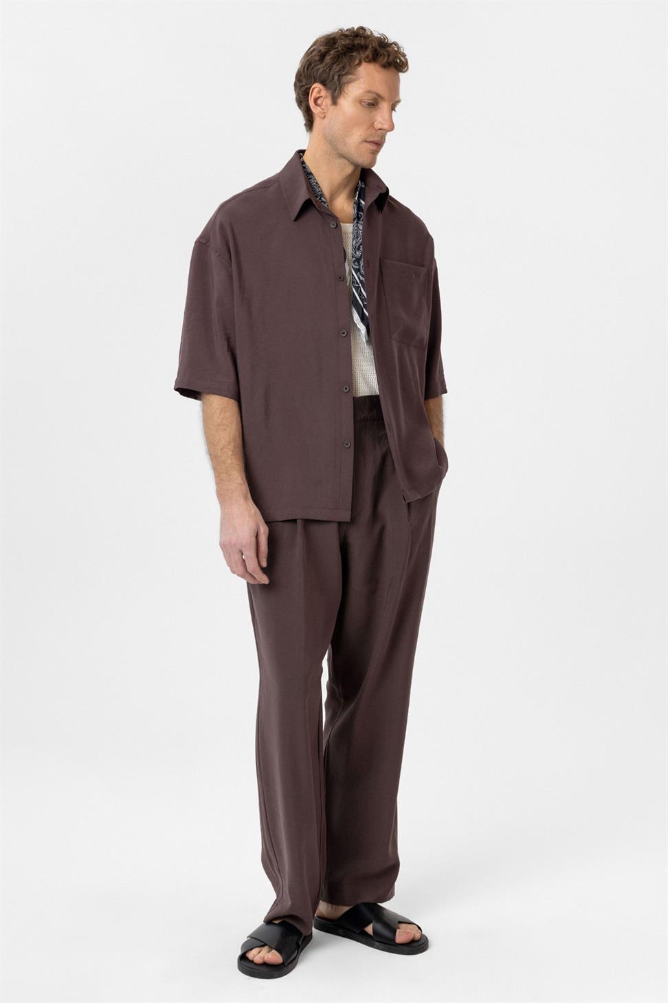 Antioch Kahve Relaxed Kısa Kollu Erkek Gömlek