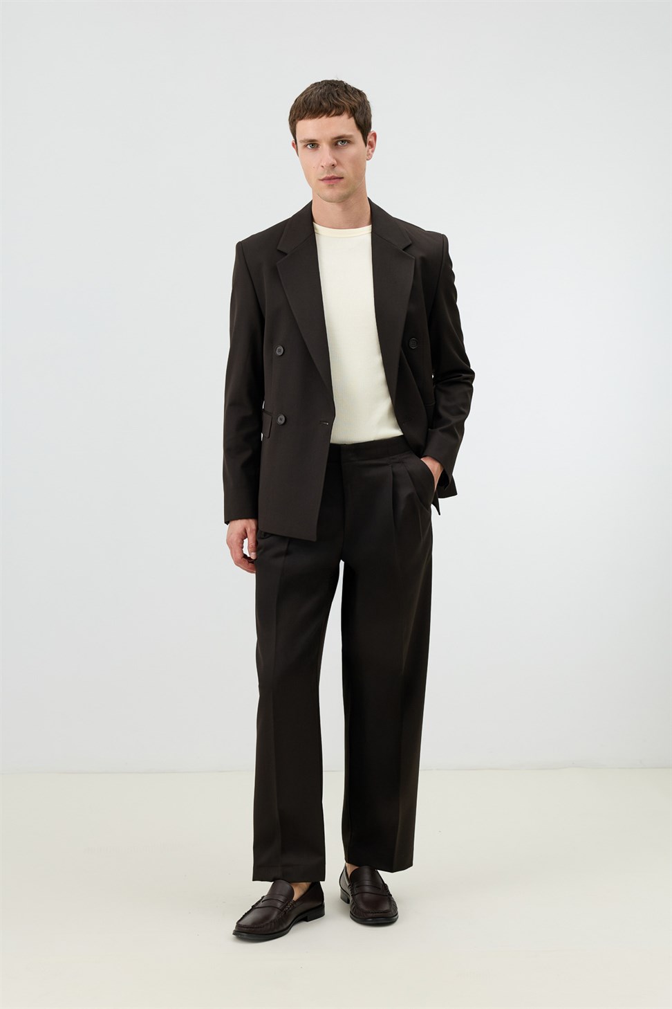 Antioch Kahve Relaxed Kruvaze Erkek Blazer Ceket