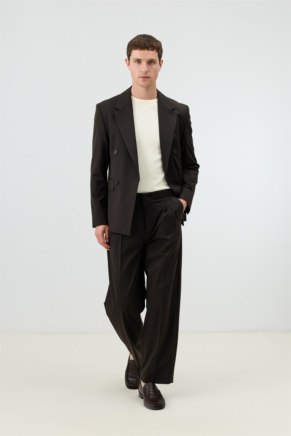 Antioch Kahve Relaxed Kruvaze Erkek Blazer Ceket