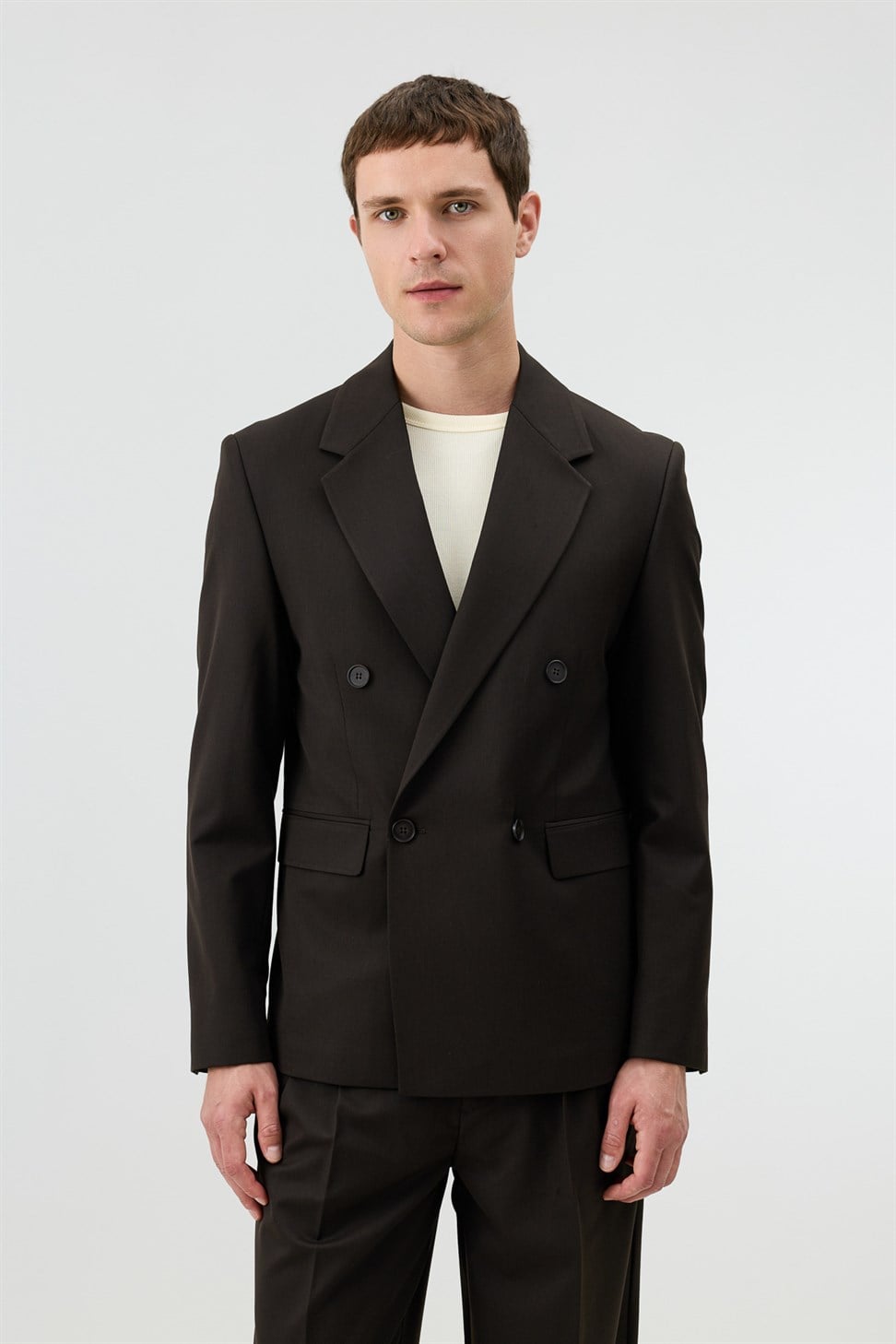Antioch Kahve Relaxed Kruvaze Erkek Blazer Ceket