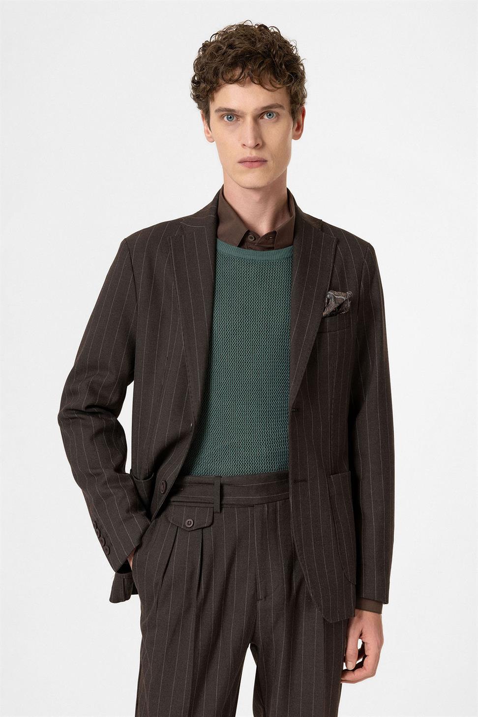 Antioch Kahve Slim Fit Çizgili Erkek Blazer Ceket