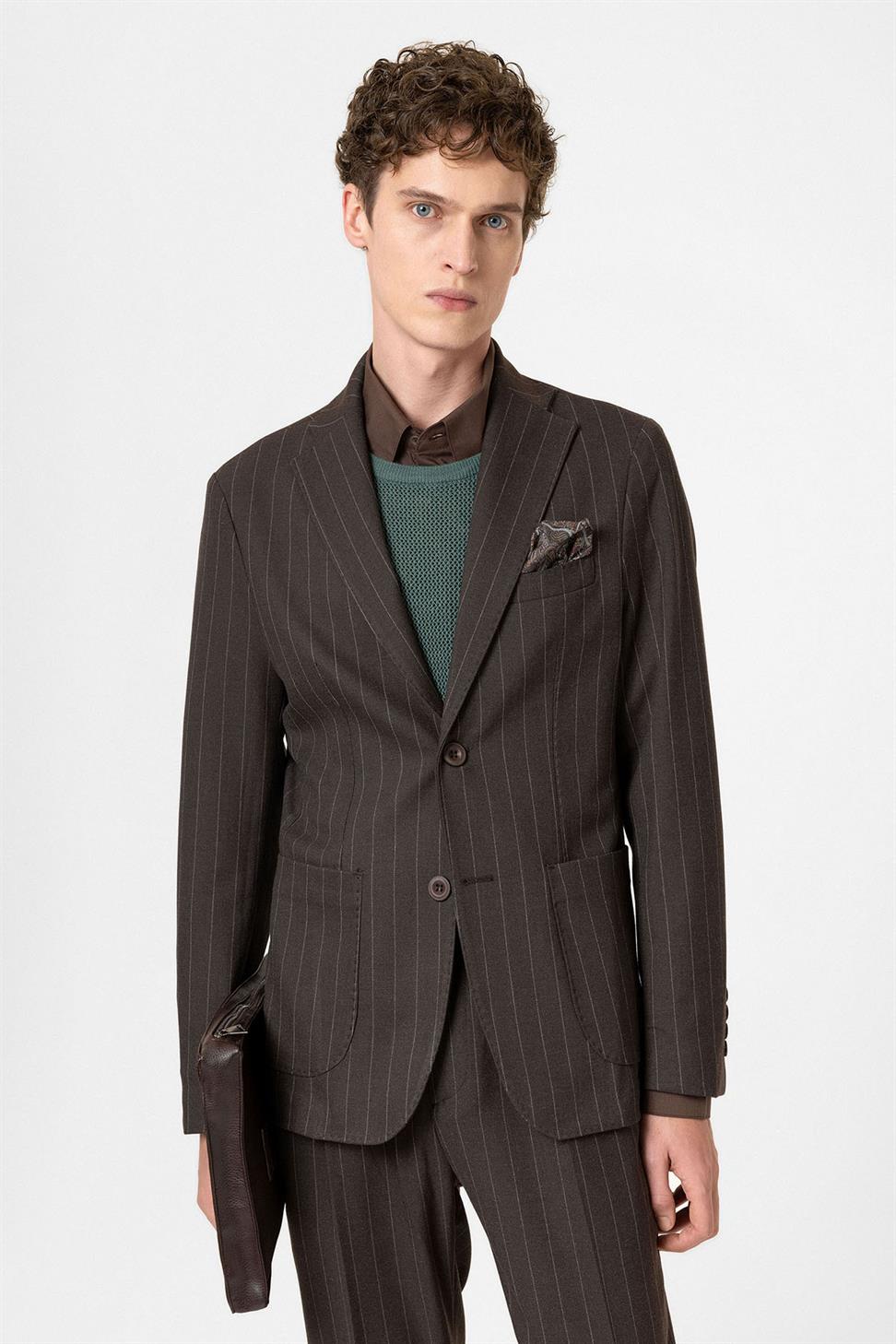 Antioch Kahve Slim Fit Çizgili Erkek Blazer Ceket