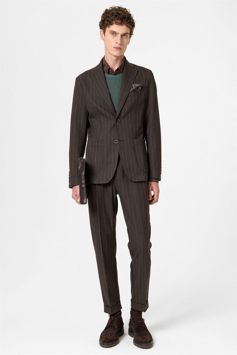 Antioch Kahve Slim Fit Çizgili Erkek Blazer Ceket