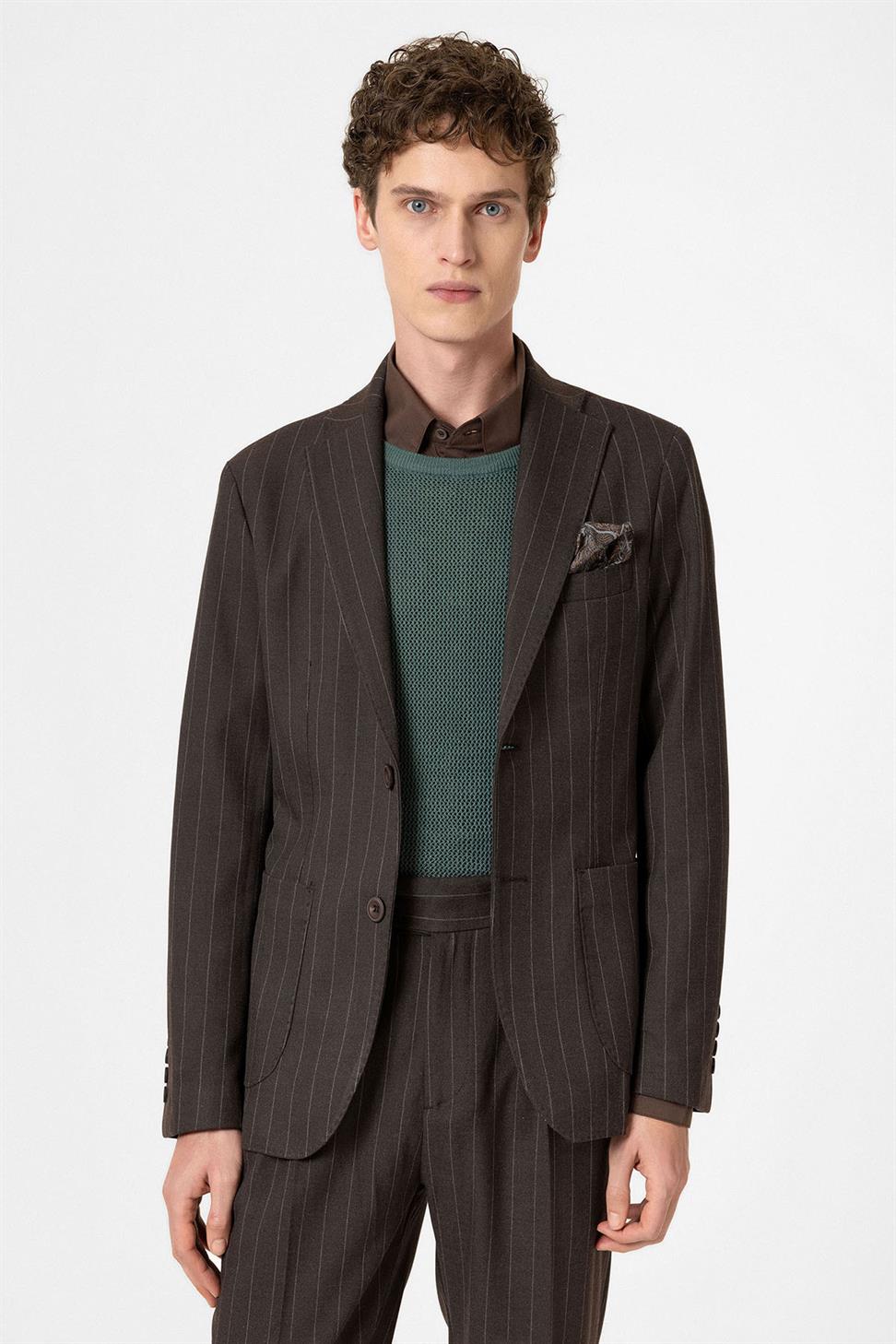 Antioch Kahve Slim Fit Çizgili Erkek Blazer Ceket