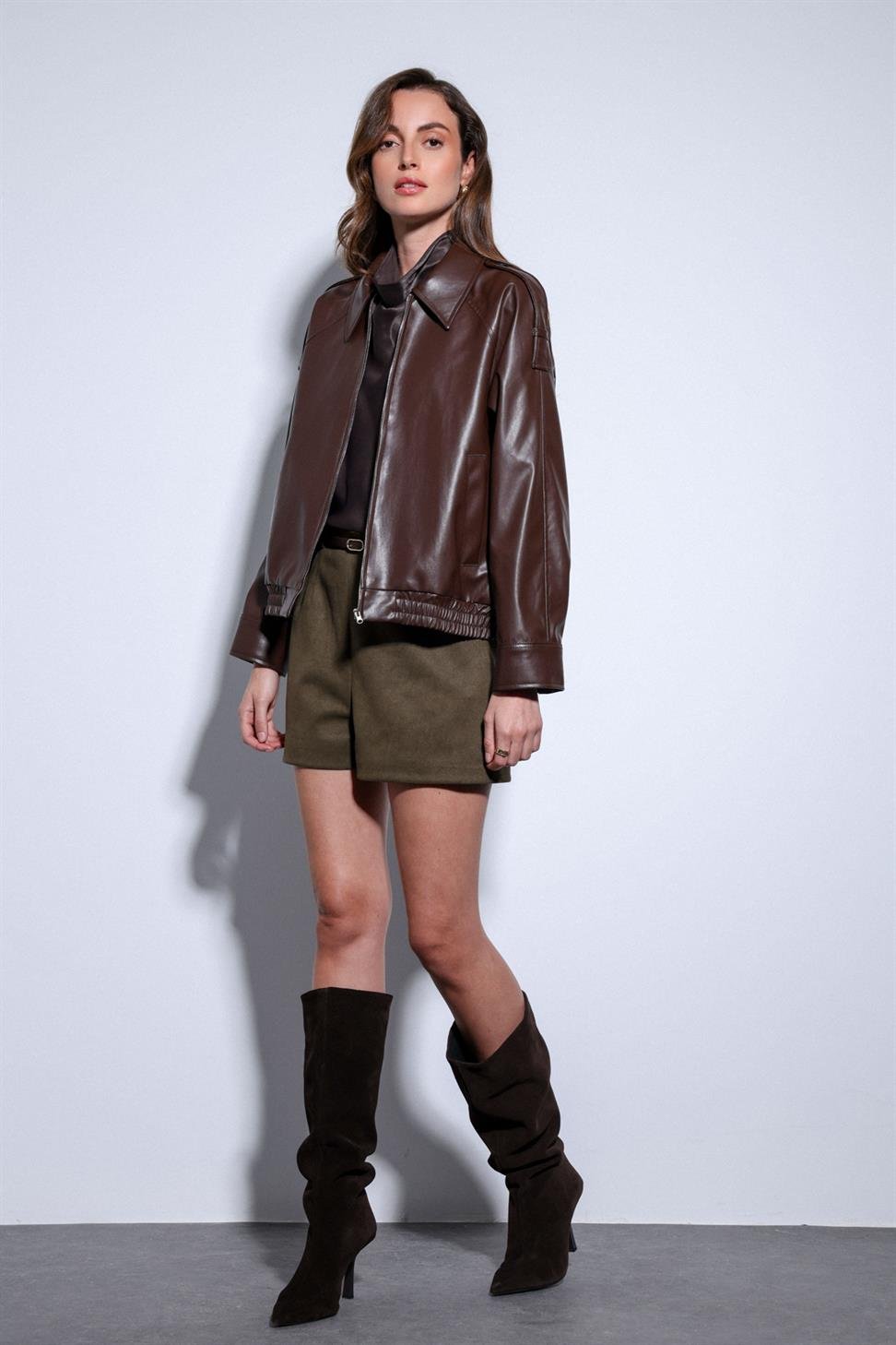 Antioch Kahve Suni Deri Bomber Ceket