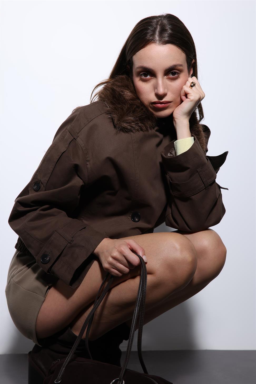 Antioch Kahve Suni Kürklü Kısa Kadın Trençkot