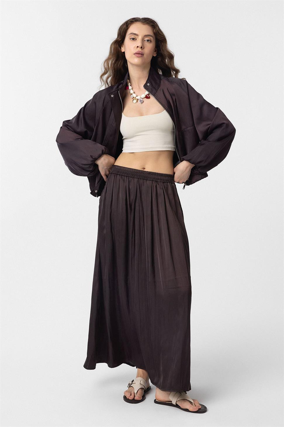 Antioch Kahve Uzun Dökümlü Pilili Kadın Etek