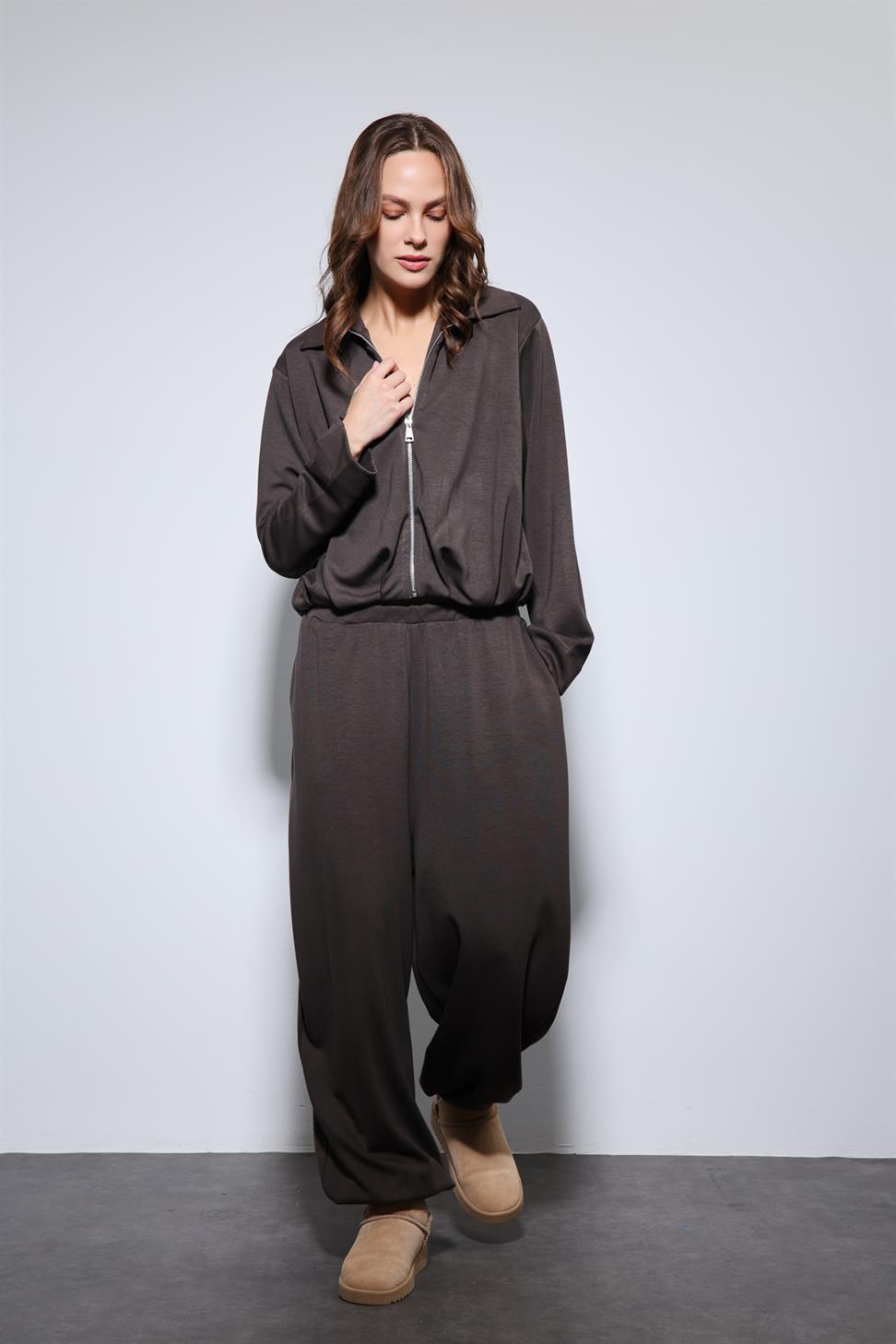 Antioch Kahve Volümlü Ceket ve Paça Lastikli Eşofman Takım