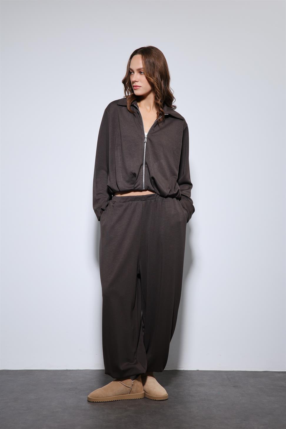 Antioch Kahve Volümlü Ceket ve Paça Lastikli Eşofman Takım