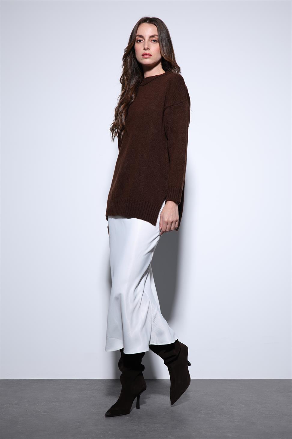 Antioch Kahve Yırtmaç Detaylı Kadın Kazak