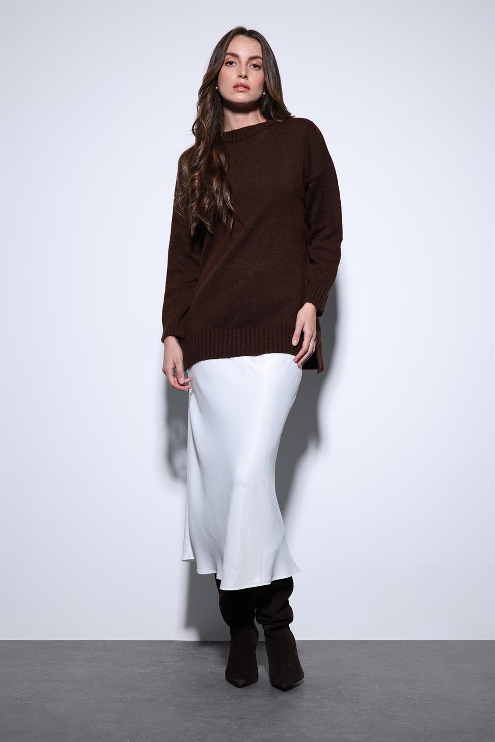 Antioch Kahve Yırtmaç Detaylı Kadın Kazak