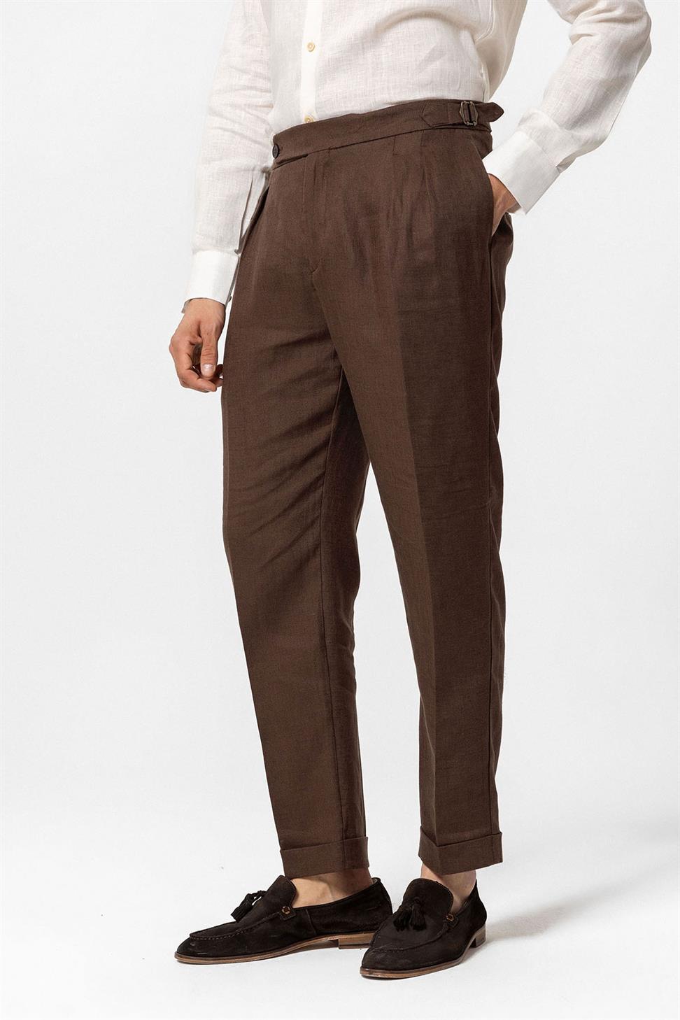 High Waist 100% Linen Pleated Mens Pants