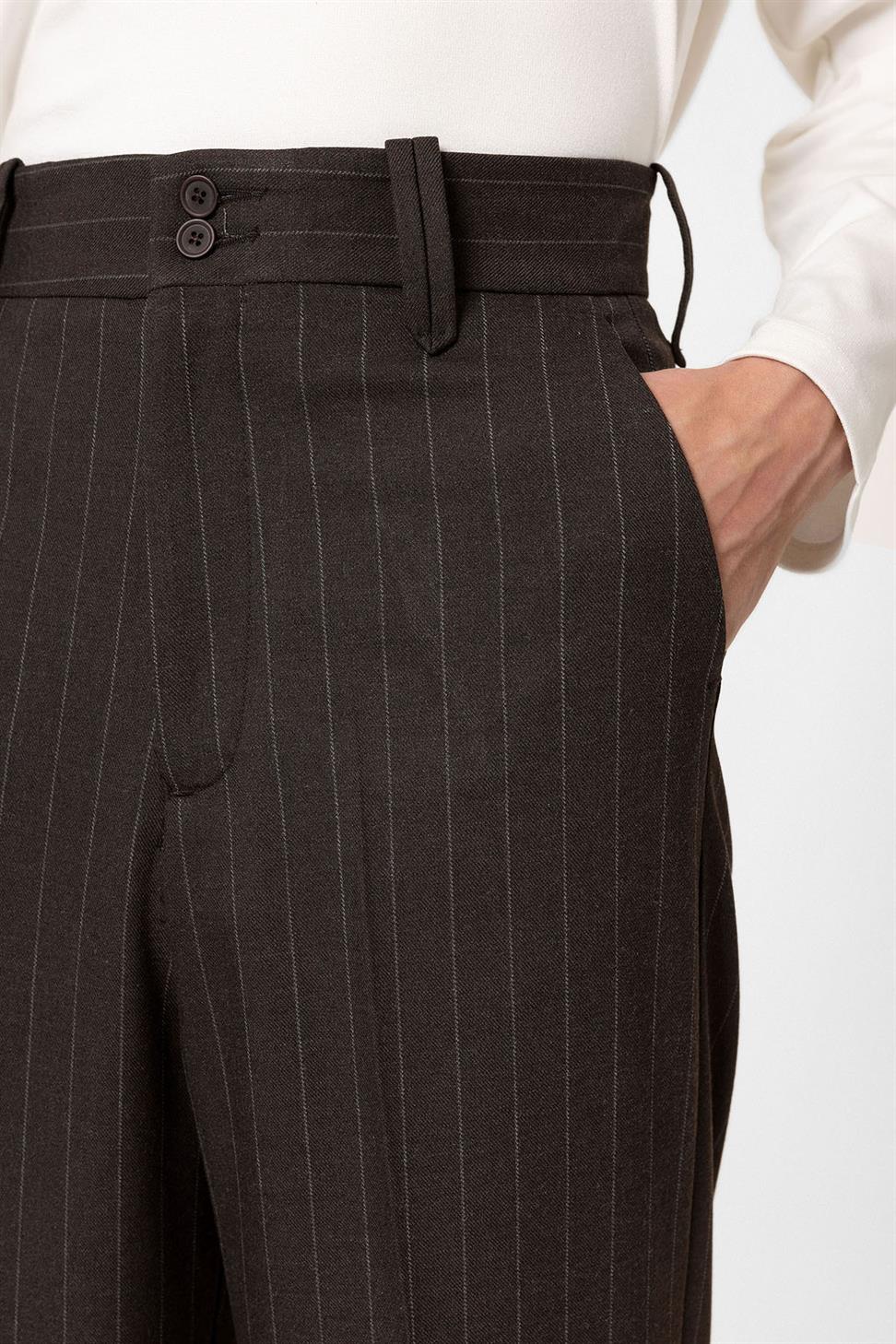Antioch Kahve Yüksek Bel Çizgili Relaxed Fit Erkek Pantolon