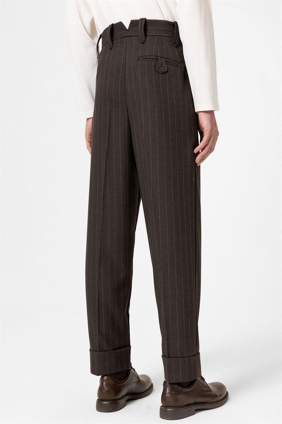 Antioch Kahve Yüksek Bel Çizgili Relaxed Fit Erkek Pantolon