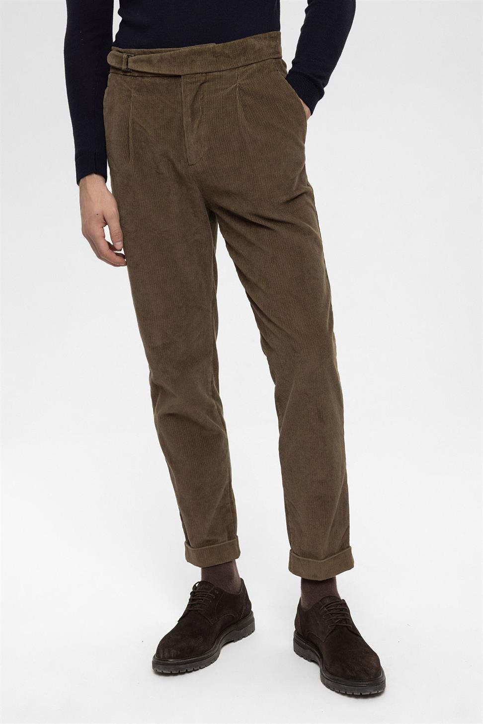 Antioch Kahve Yüksek Bel Duble Paça Kadife Erkek Pantolon
