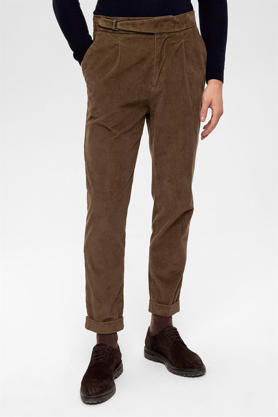 Antioch Kahve Yüksek Bel Duble Paça Kadife Erkek Pantolon