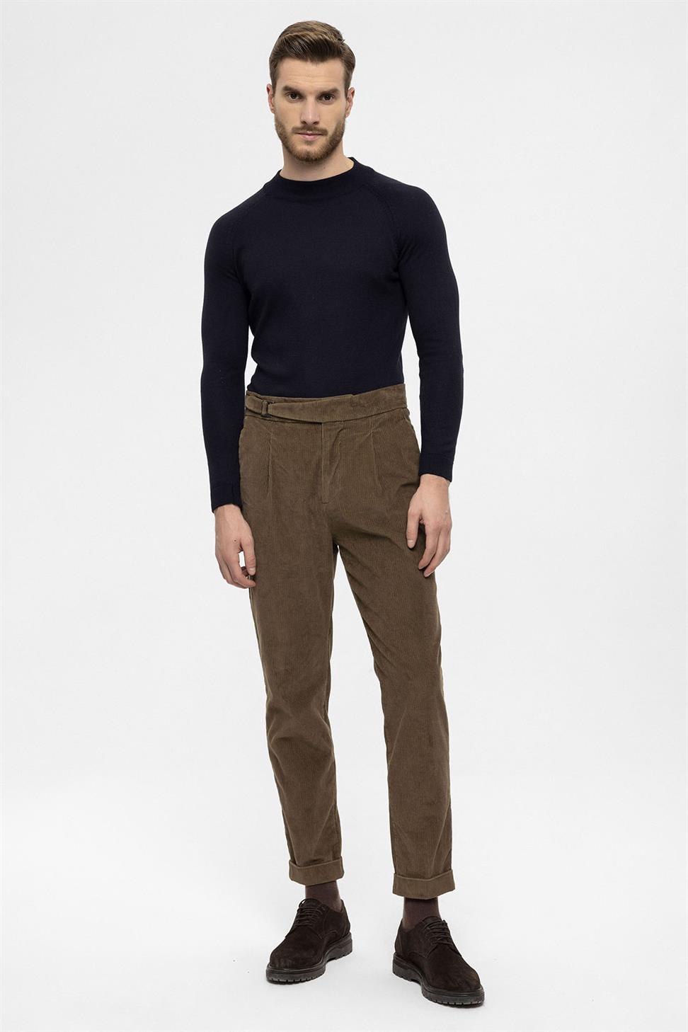 Antioch Kahve Yüksek Bel Duble Paça Kadife Erkek Pantolon