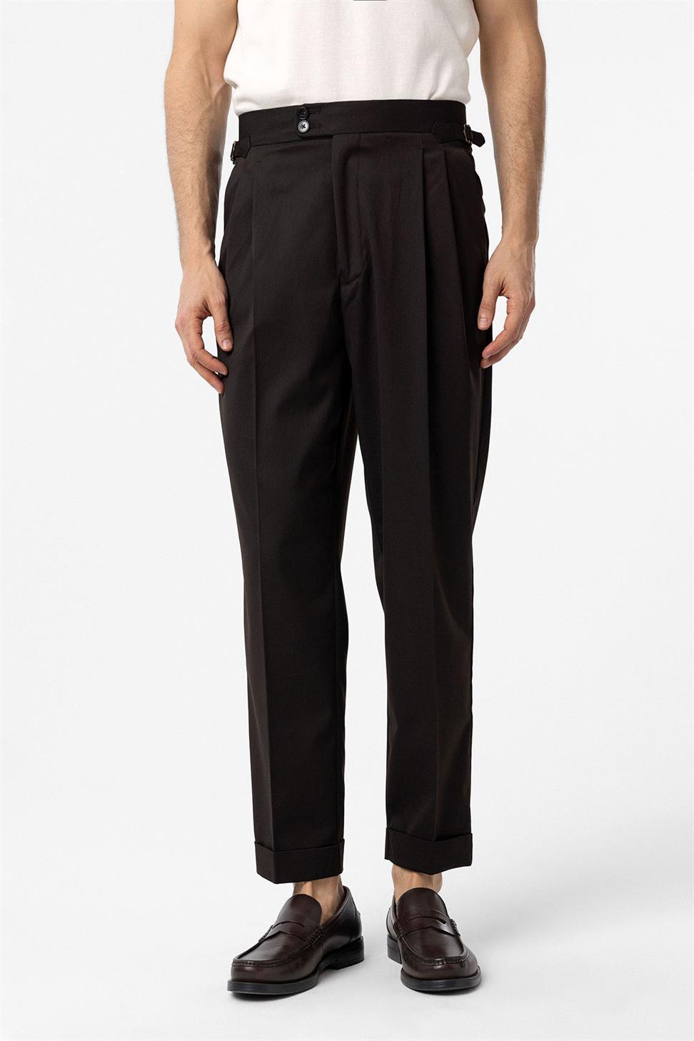 Antioch Kahve Yüksek Bel İtalyan Kalıp Pileli Erkek Pantolon