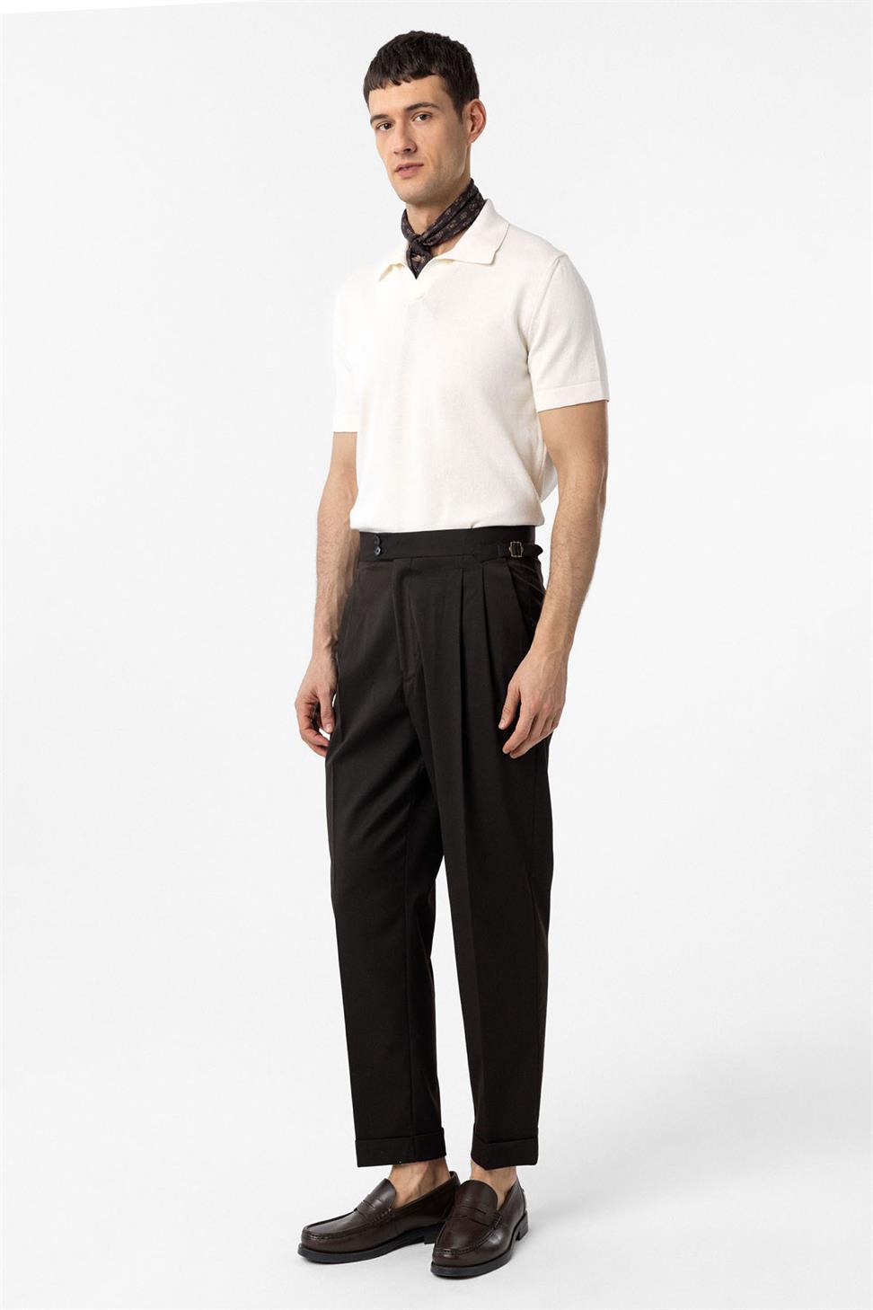 Antioch Kahve Yüksek Bel İtalyan Kalıp Pileli Erkek Pantolon