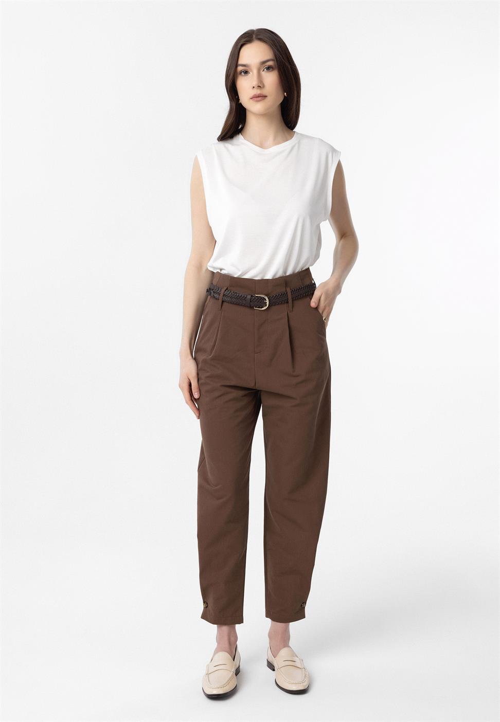 Antioch Kahve Yüksek Bel Paçası Düğmeli Fit Kadın Pantolon