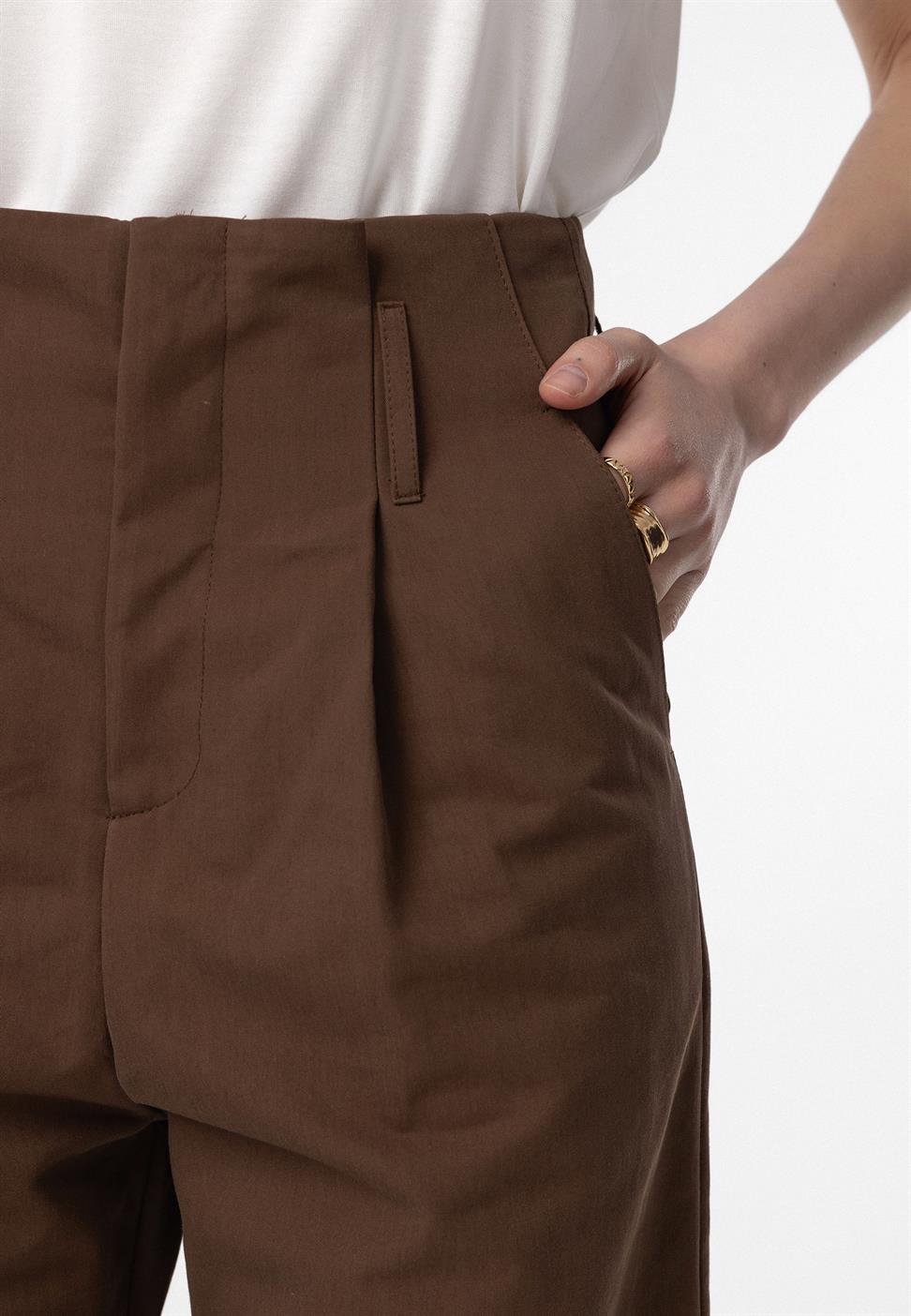 Antioch Kahve Yüksek Bel Paçası Düğmeli Fit Kadın Pantolon