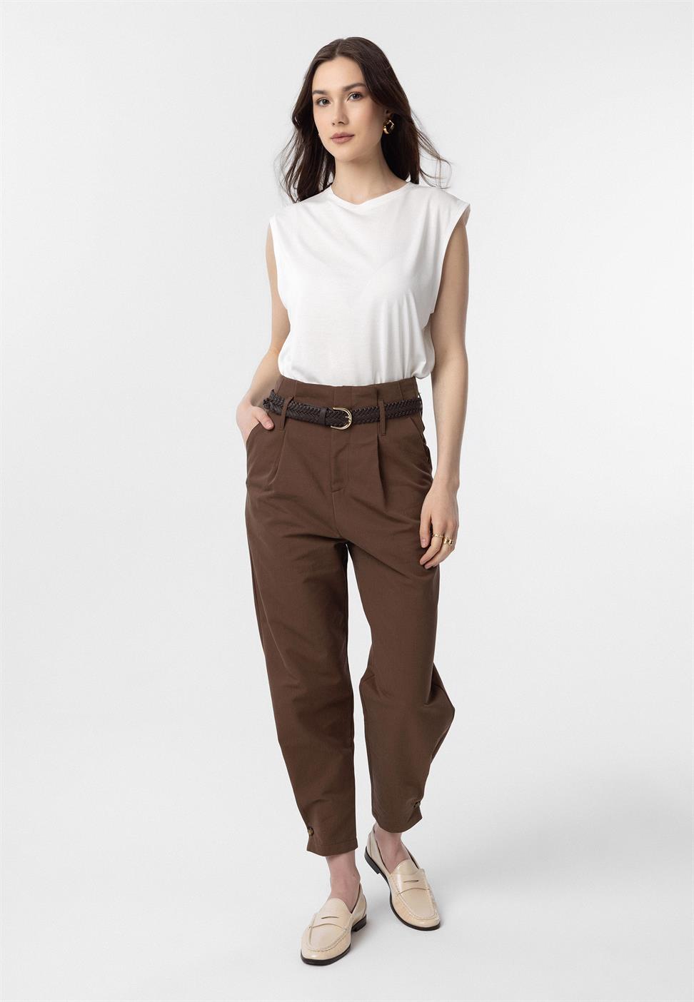 Antioch Kahve Yüksek Bel Paçası Düğmeli Fit Kadın Pantolon