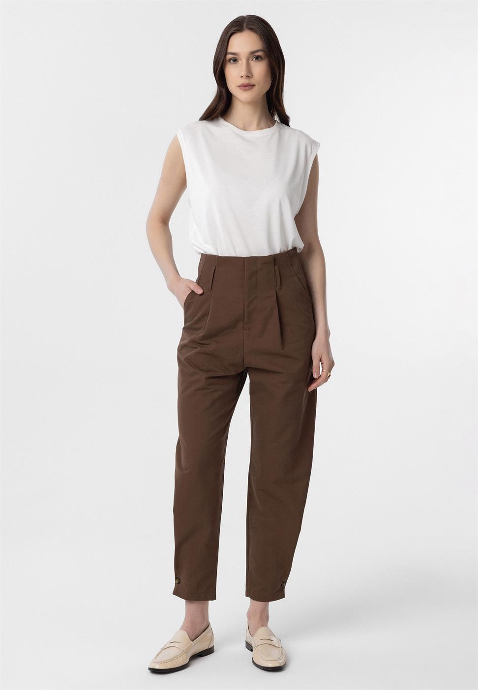 Antioch Kahve Yüksek Bel Paçası Düğmeli Fit Kadın Pantolon