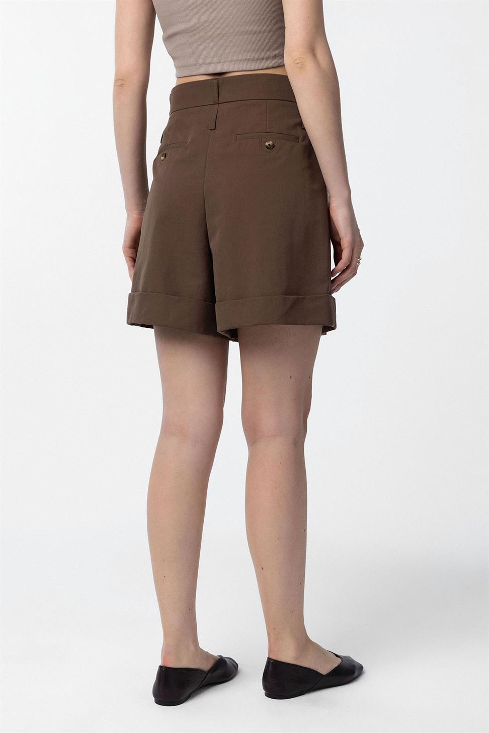 Antioch Kahve Yüksek Bel Pensli  Kadın Bermuda Şort