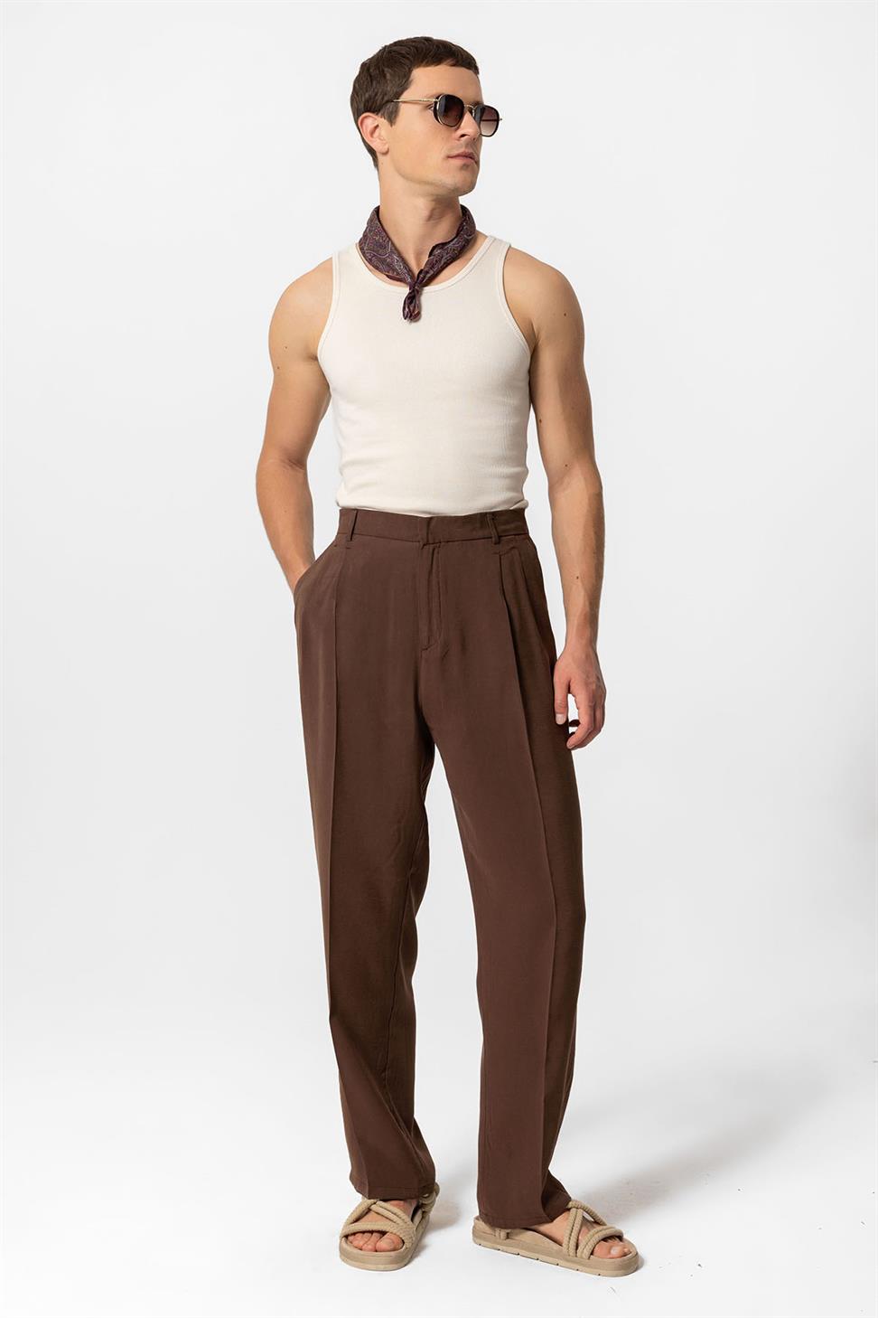 بنطلون رجالي فضفاض ذو ثنيات عالية الخصر للرجال